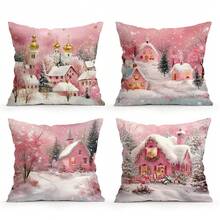 4pcs Pink Christmas Cabin Printed Cushion Cover Set, 45*45cm - Multicolor - View 13
