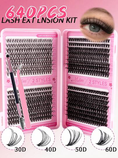 640/300片装簇状假睫毛，高容量，30D+40D+50D+60D+70D+90D D型卷翘，10-16毫米，DIY睫毛簇，自然妆效，浓密纤长，超级柔软轻盈，可重复使用，单节假睫毛，睫毛嫁接套装，适合旅行、日常佩戴（新手友好）、婚礼、约会、派对、节日，非常适合圣诞节/万圣节/送礼。