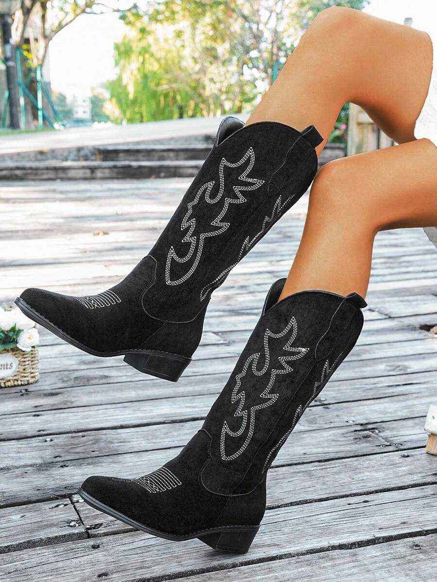 秋冬女装时尚刺绣皮革仿麂皮尖头粗跟V领过膝长靴，时尚朋克摇滚切尔西靴，户外休闲时尚靴，牛仔靴 - 黑色 - 查看 1