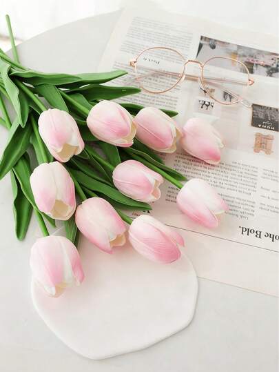 1/5/10pcs Realistic Gradient Pink Artificial Tulips, Lifelike Texture, Suitable For Home Decor, Valentine's Gift, Hotel, Party, Wedding, Dining Table Decoration, Elegant And Odorless