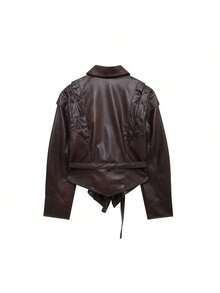 DEEKA 秋冬新款女士休闲时尚翻领腰带米色复古夹克短款皮衣 - 棕1 - 查看 2