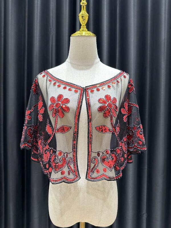 Elegant Sequin Bead Floral Mesh Shawl Vintage Inspired Short Cape With Black Trim Breathable For Evening