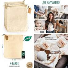 LEAFICO Bolsas reutilizables de algodón orgánico – Pequeñas bolsas de 5 x 7 – 12 piezas biodegradables ecológicas a granel para alimentos – Bolsas de tela – Almacenamiento de frutas y verduras – Bolsa(X-Large 14x17"(6pack) X-Large 14x17"(6pack)) - Tipo 1 - Ver 1