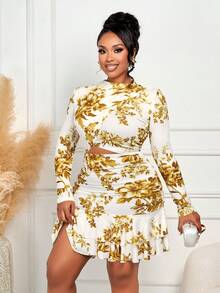 BIUBIU 大码女式优雅长袖高领系腰多层印花A字裙，秋冬款