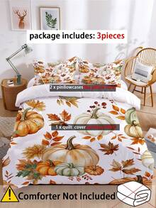 3pcs Watercolor Style Autumn Feast Print Duvet Cover Set (1*Duvet Cover + 2*Pillowcase, Without Core), Vintage Warm, Interwoven With Pumpkin And Autumn Leaves, Soothing Visual Fatigue, Suitable For All Seasons, Suitable For Hotel, Bedroom, Guest Room And Dormitory Decoration Bedding