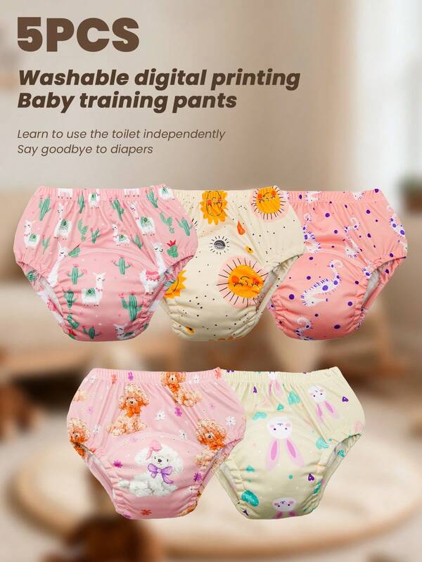5pcs Washable Digital Print Potty Training Pants, Unisex Baby/Toddler Reusable Toilet Training Underwear