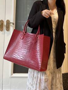 1pc Large Capacity Women's Tote Bag, Fashion Crocodile Embossed Versatile Travel & Shopping Bag, Oversized Handbag, Burgundy Crocodile Pattern, Suitable For Travel, Shopping, Outdoor, Holidays, Gifts