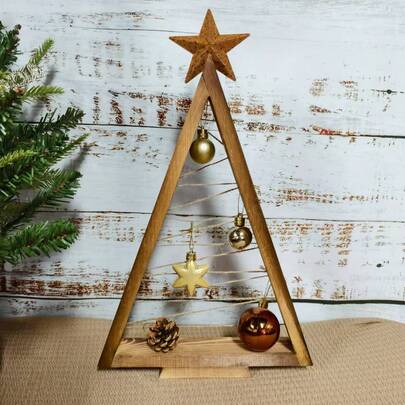 Drewniane trójkątne ozdoby choinkowe z liną – świąteczne ozdoby do wnętrz i na zewnątrz, rustykalna dekoracja choinkowa na stół, kominek, półkę