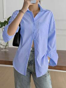 Look Polly Women's Valentine's Day Striped Long Sleeve Shirt, Single-Breasted Casual Fashion, Beach Style, Pocket Design, Back To School Outfit, Retro Beach Thanksgiving Christmas Shirt, Beach Fashion Women Blue Blouse Shirt - Sky Blue - View 7