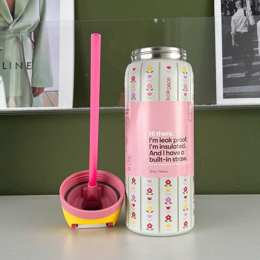 OWALAFreeSip    32oz Straw Insulated Water Bottle Double-Layer Stainless Steel Vacuum Thermal Mug For Sport And Travel - Flower Crown-32oz - 查看 1