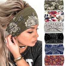 Wide Headbands Knotted Floral Non Slip Elastic Hairbands Workout Wraps Yoga Hair Scarfs Boho Fashion Hair Accessories Women 6 Pcs (Chic) - Pattern D - View 2