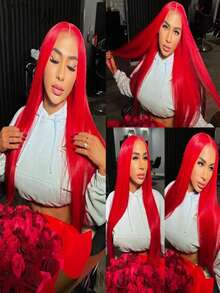 Gorgeous Red 13x4 HD Transparent Lace Front Wigs Human Hair For Women 200 Density Straight Glueless Wigs Human Hair Pre Plucked With Baby Hair Brazilian Virgin Red Colored Silky Straight Lace Frontal Wig Human Hair - 紅色 - 查看 9