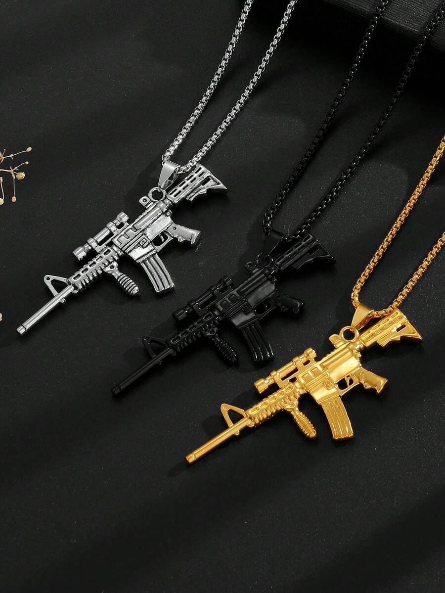 1 件男士时尚朋克军用迷彩枪吊坠项链、珠宝配饰、独特礼物 - 彩色 - 查看 1