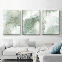Set de 3 pósteres de arte abstracto en beige, pósteres de arte de pared, con opción de marco - Verde - Ver 8