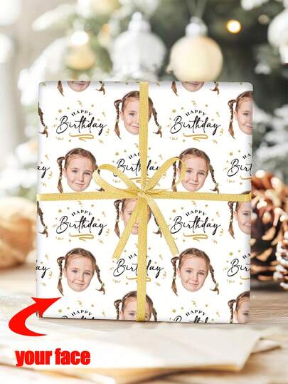 Custom Face Birthday Wrapping Paper - Upload Your Photo, Repeated "Happy Birthday" Design, Personalized Gift Packaging, High-Quality Paper For Party Decorations & Keepsakes, Birthday Party Decorations, Personalized Gift Paper, Customizable Paper, Birthday Celebration