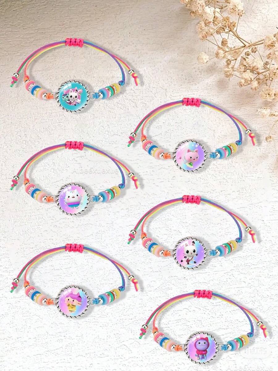 Pulsera tejida y colgante de dibujos animados de Gabby's Dollhouse con cuentas redondas - Joyería ajustable a mano para mujeres, hombres, parejas, familia y amigos - Que simboliza positividad y espiritualidad, joyería espiritual/pulsera positiva/cuerda roja tejida, pulsera con colgante - Multicolor - Ver 1