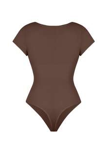 FeelinGirl Summer Women Short Sleeve Bodysuit V Neck Tummy Control Shapewear Seamless Thong Body Suits Tops - màu nâu - Xem 7