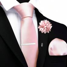 Solid Formal Tie And Pocket Square Plain Necktie Lapel Pin And Set For Men - H-玫瑰金 - 查看 2