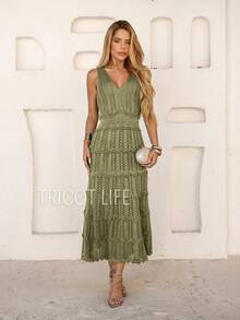 Women's Midi Dress Knit Summer Crochet Ruffles Party Beach Elegant - 橄欖綠 - 查看 8
