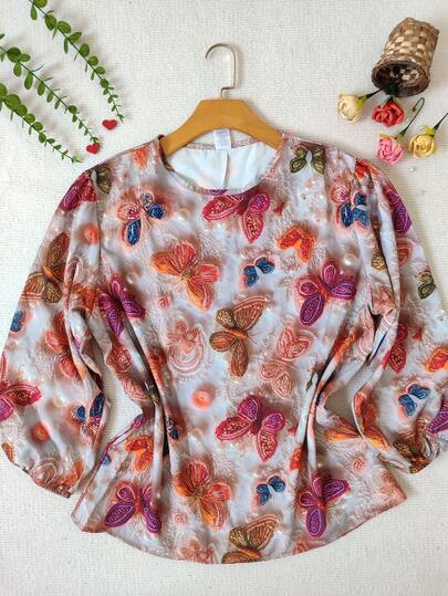 Smile Fashion   plus size blusa feminina 3D estampada manga 3/4 tecido crepinho.