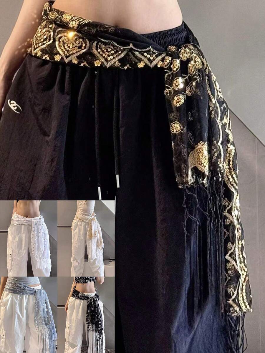 1 件女士肚皮舞亮片臀巾，肚皮舞流苏腰链，亮片腰带，表演腰巾 - 彩色 - 查看 1