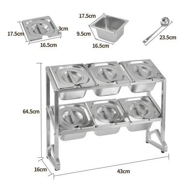 Stainless Steel Condiment Dispenser With 6 Compartments, Buffet Garnish Station With Lids & Spoons, Bar Caddy Food Storage Tray For Fruit, Sauces & Salad Toppings