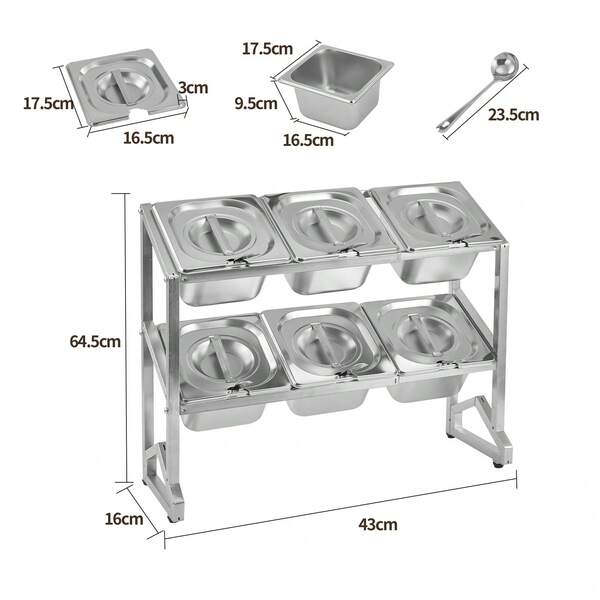 Stainless Steel Condiment Dispenser With 6 Compartments, Buffet Garnish Station With Lids & Spoons, Bar Caddy Food Storage Tray For Fruit, Sauces & Salad Toppings