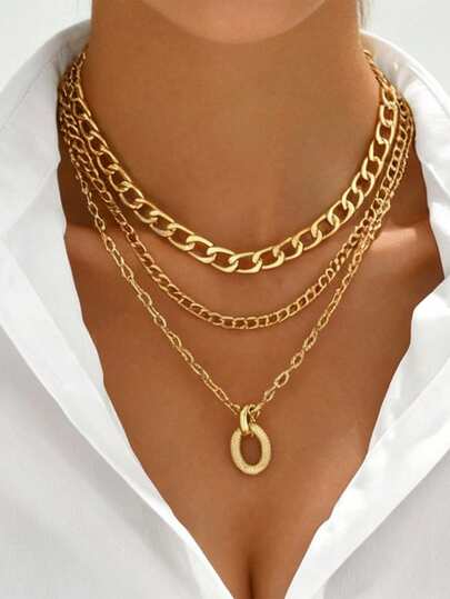 1pc Geometric Oval Ring Pendant Thick Aluminum Chain Multi-Layer Stacked Women's Necklace, Women's Jewelry Set, Suitable For Daily, Holiday And Party Wear, Best Gift Choice