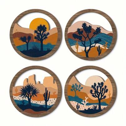 2D Flat, 1 Set4PCS 2D Plane Bohemian Desert Green Plant Round Wooden Vintage Decorative Plaque Suitable For Room Decoration, Home Decoration Wall Decorations, 2D Flat