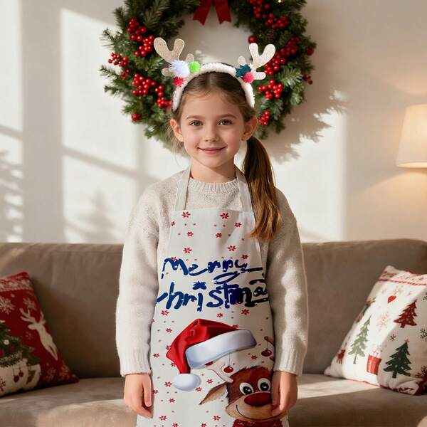 1 pieza Delantal infantil de lino con tema navideño, con estampado festivo de pan de jengibre, copos de nieve, Papá Noel, Dachshund, adecuado para fiestas navideñas