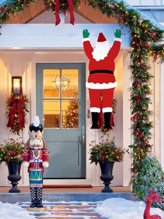 1 件圣诞老人攀爬墙挂背景布 - 无需电力，黑色和红色西装，白色胡须和绿色手套，门、窗、栅栏的悬挂腿 - 易于安装的节日装饰，节日圣诞老人攀爬墙饰，适合圣诞节，无羽毛，轻便