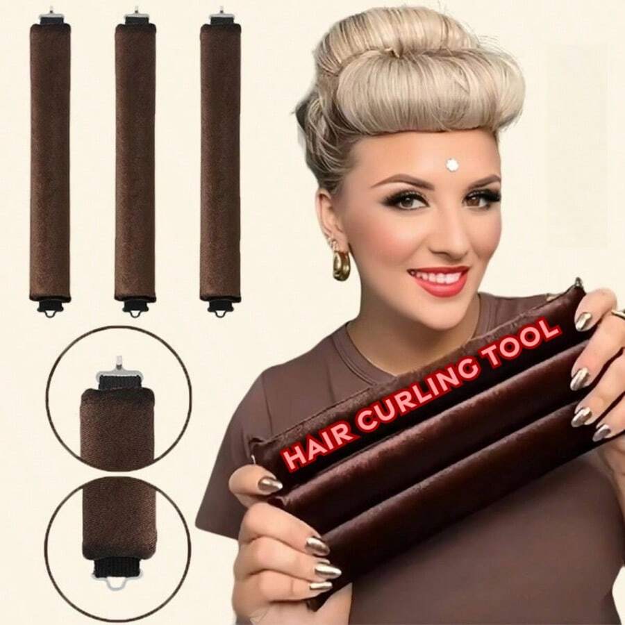 三件套卷发器套装，缎面无热卷发器套装，包含卷发棒、头带卷发器和电卷发器，可睡眠时使用，高回弹橡胶填充，柔软舒适，美发工具，美发用品，旅行必备，旅行，理发师，发型师，理发师配件，情人节礼物，美发用品，发型师，理发店，沙龙，度假必备，美发产品，理发店，情人节礼物，女士旅行必备，发型师工具 - 咖啡棕 - 查看 1