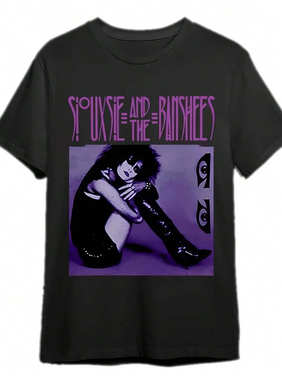 Camiseta gráfica retro para hombres - Camiseta negra de manga corta con impresión en negrita rosa "SiLVER and the BANSHEES", cuello redondo casual, lavable a máquina, ajuste cómodo para atuendo casual, camiseta de uso diario |   Camiseta gráfica llamativa |   Ajuste Cómodo, Camiseta con Banda - Negro - Ver 1