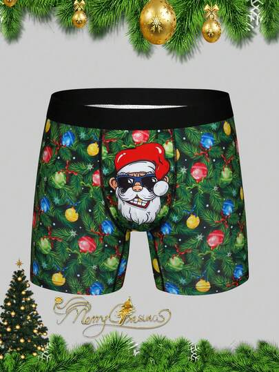 1pc Christmas Digital Print Elastic Waist Breathable Boxer Briefs For Men, Fashionable & Casual, Suitable For Sports, Home, Cycling And Other Occasions. Great Gift For Boyfriend, Husband Or Wife On Christmas.