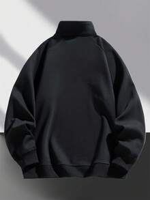 Men's Casual Solid Color Versatile Quarter Zip Sweatshirt, New Season, For Fall, Long Sleeve Top - Black - View 2