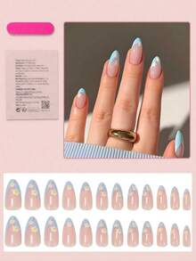 24pcs Medium Almond Shaped Nail Stickers, Leopard Print French Manicure, 3D Red Glitter Star Art Design, Retro Full Coverage Style, Suitable For Women And Girls Daily Wear - Xanh 2 - Xem 2