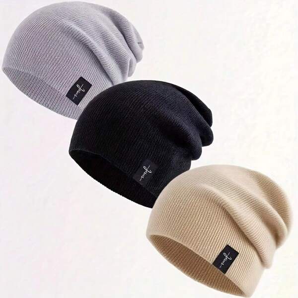 3 عبوات قبعة بيني بشعار مضفر يمكن ارتداؤها من قبل الجنسين، قبعات شتوية من الأكريليك مع حافة، قبعات بيني متدلية، قبعات محبوكة للرجال للاستخدام في الخارج