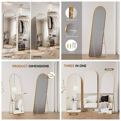 Arched Full Length Mirror, 165X60cm Large Full Body Floor Standing Mirror, Hanging Or Leaning Against Wall Bedroom Cloakroom, Gold