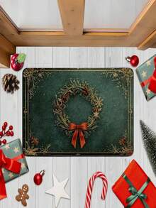 1pc New Christmas Wreath Bow Doormat - Christmas Gift, Suitable For Living Room, Bedroom, Indoor - Machine Washable -- Flannel Material, Delicate Wrap, Skin-Friendly, No Pilling, Slightly Water-Resistant Easy Care, Odorless - Ideal For Home Decor, Room Decor, Living Room Carpet, Bedroom Carpet, Bathroom Carpet, Kitchen Carpet, Area Rug, Hotel Decor - Area Rug, All Season Use