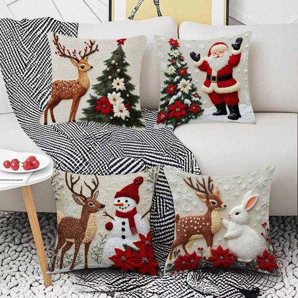 Juego de fundas de almohada decorativas navideñas (4 piezas, sin incluir los insertos de almohada) con elementos clásicos navideños como árboles de Navidad, muñecos de nieve, guantes y renos. Miden 45 cm x 45 cm y son de un color rojo vibrante, diseñado especialmente para la decoración del hogar en las vacaciones de Navidad. Ideal para colocar en sofás u otros muebles para infundir a tu espacio de vida un ambiente cálido y festivo de Navidad.