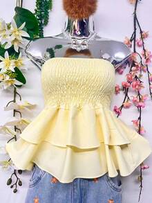 T110Cropped Elastic Blouse With Ruffle - Light Yellow - View 1