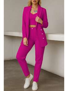 Conjunto elegante de blazer y pantalón de manga larga con cuello chal y doble botonadura para mujer, tejido elástico medio. - Lila Púrpura - Ver 2