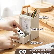 Calendario 2026 + Soporte para bolígrafos - Organizador de escritorio minimalista y creativo para estudiantes, Organizador de papelería multifuncional, Taza para bolígrafos, Soporte de calendario de escritorio, Accesorio de escritorio ordenado, Adecuado para estudiantes y trabajadores de oficina, Color simple y limpio, Uso en múltiples escenarios