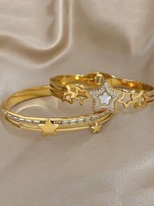 18K Gold Plated Stainless Steel Luxury Elegant Star Charm Bangle Bracelet Set With Mother Of Pearl, Mom Gift Christmas Thanksgiving Halloween Wedding Rave/Prom/Party/Daily Accessories Gift For Anniversary Valentine's Day Boho Jewelry Birthday Bridesmaid Gifts