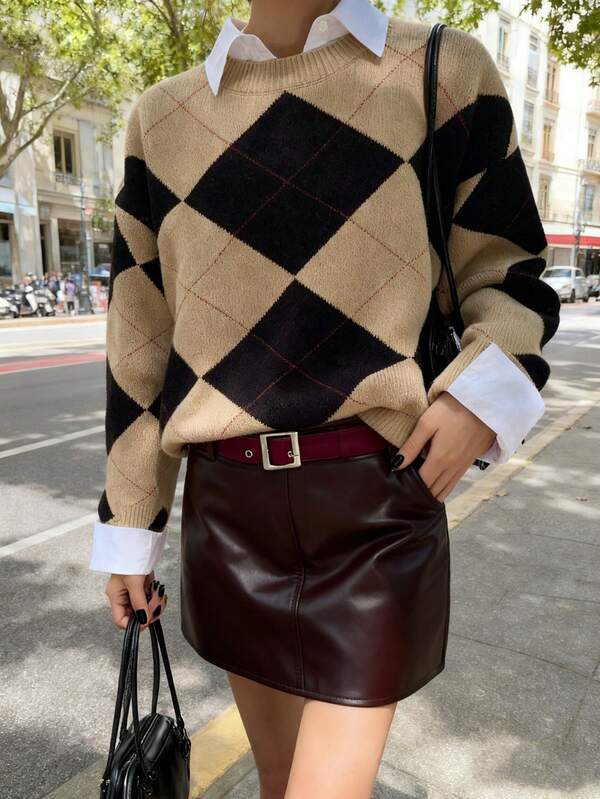 Nouveau pull-cardigan tricoté décontracté ample et confortable avec motif losange pour femmes, automne/hiver