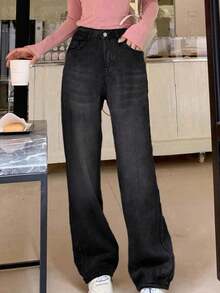 街头风直筒斜插口袋加厚牛仔保暖低腰牛仔裤，秋冬保暖裤，Y2K音乐节必备 - 煙黑色 - 查看 4