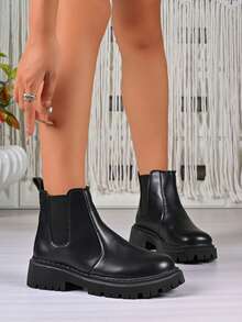 Stivali Chelsea con suola spessa alla moda e minimalista per donna, nuovi stivali corti con punta tonda e slip-on, adatti per l'uso quotidiano in tutte le stagioni, stivali da motociclista