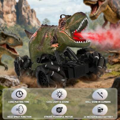Dinosaur Remote Control Car Toys For Kids Boys, RC Stunt Drift Car With Light, Sound, Spray, Indoor Outdoor All Terrain Electric Toys Christmas Gifts For 3 4 5 6 7 8+ Year Old