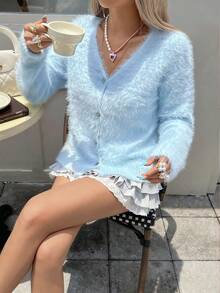 Women's Baby Blue Solid Color Elegant Vintage Casual Romantic Knitted Button Faux Fur Collar Long Sleeve Cardigan V-Neck Sweater, Suitable For Tea Party, Back To School, Party, Date Night, Daily Wear, Travel, Early Spring, All Season - Baby Blue - View 5