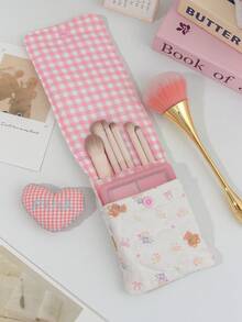 Bolsa de Armazenamento de Pincéis de Maquiagem Acolchoada Floral, Bolsa de Cosméticos com Botão de Pressão, Pequena Bolsa Organizadora para Pincéis de Maquiagem, Batom, Artigos de Papelaria, Viagem e Uso Diário - Multicolorido - Visão 7